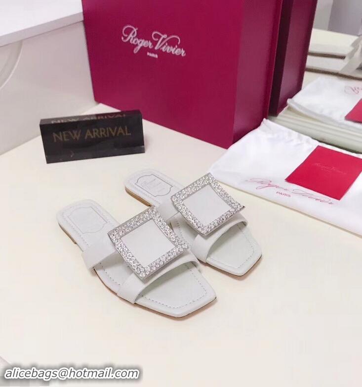 Good Quality Roger Vivier Strass Buckle Bikiviv' Flat Mules R9513 White