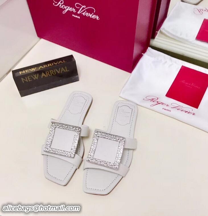 Good Quality Roger Vivier Strass Buckle Bikiviv' Flat Mules R9513 White