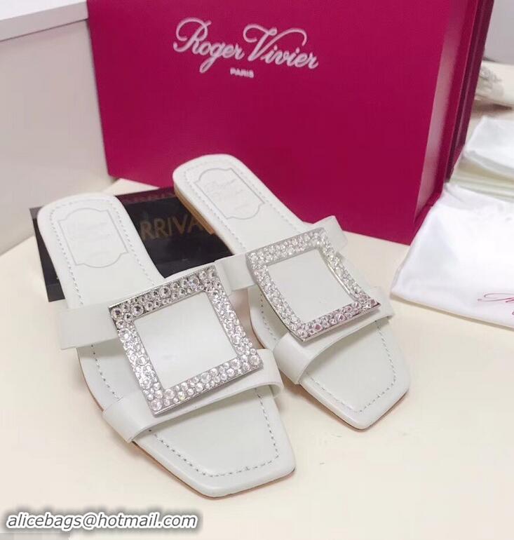 Good Quality Roger Vivier Strass Buckle Bikiviv' Flat Mules R9513 White