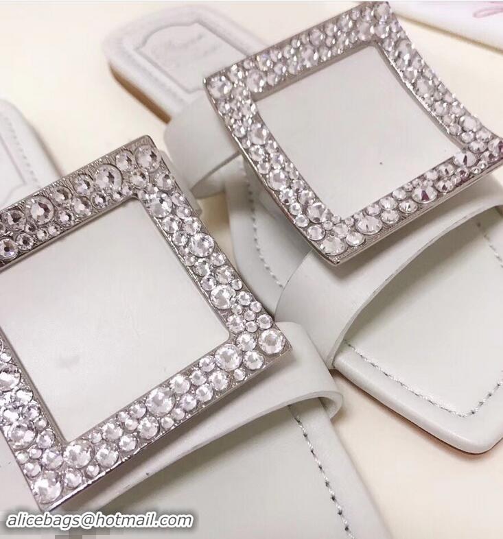 Good Quality Roger Vivier Strass Buckle Bikiviv' Flat Mules R9513 White