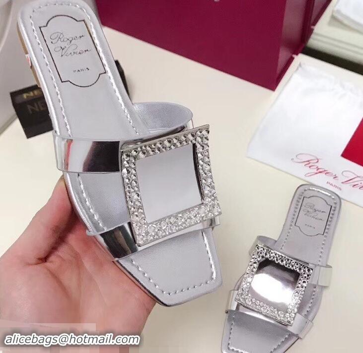 New Discount Roger Vivier Strass Buckle Bikiviv' Flat Mules R9513 Silver