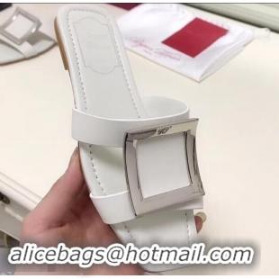 Spot Bulk Roger Vivier Metal Buckle Bikiviv' Flat Mules R9516 White