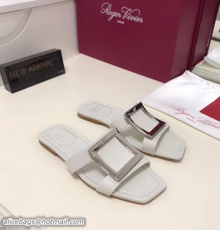 Spot Bulk Roger Vivier Metal Buckle Bikiviv' Flat Mules R9516 White