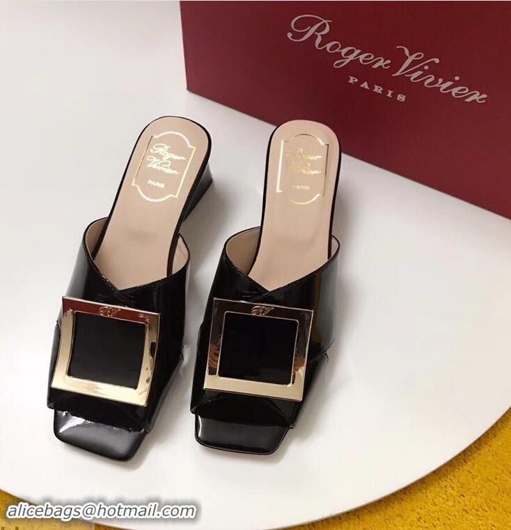 Imitation Roger Vivier Heel 4.5cm Patent Leather Tres Vivier Mules R9524 Black 2019