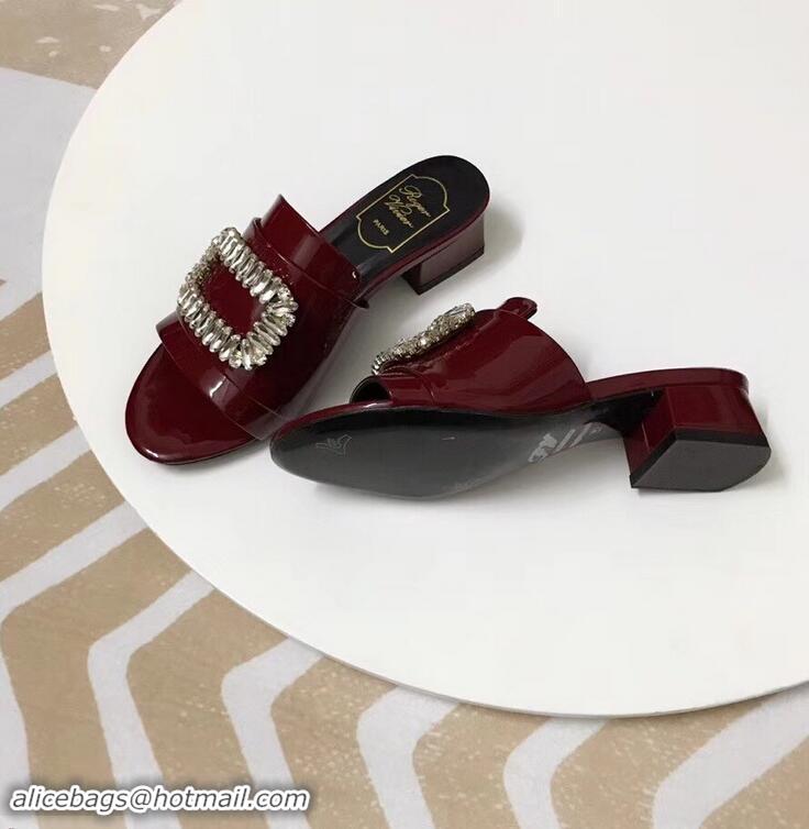 Low Price Roger Vivier Heel 3.5cm Rabat Strass Buckle Mules Patent Leather R9528 Burgundy