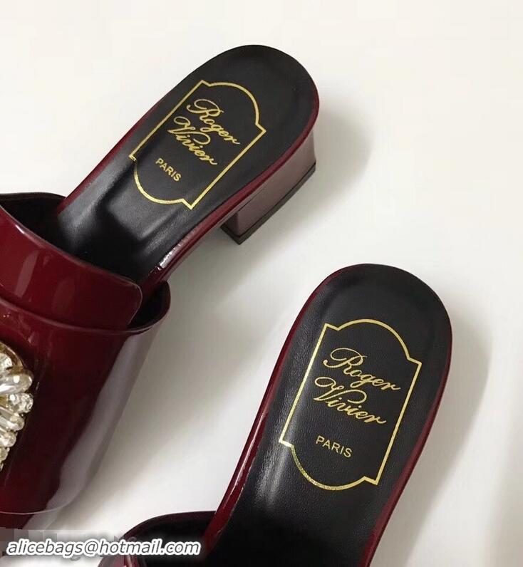 Low Price Roger Vivier Heel 3.5cm Rabat Strass Buckle Mules Patent Leather R9528 Burgundy