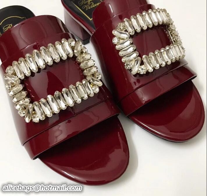 Low Price Roger Vivier Heel 3.5cm Rabat Strass Buckle Mules Patent Leather R9528 Burgundy