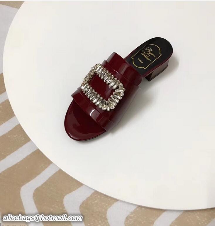 Low Price Roger Vivier Heel 3.5cm Rabat Strass Buckle Mules Patent Leather R9528 Burgundy