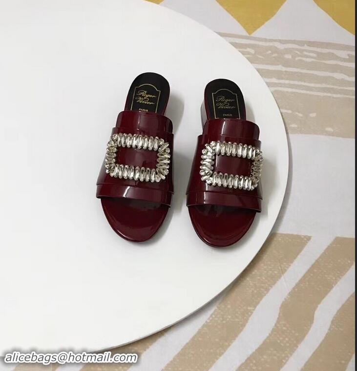 Low Price Roger Vivier Heel 3.5cm Rabat Strass Buckle Mules Patent Leather R9528 Burgundy