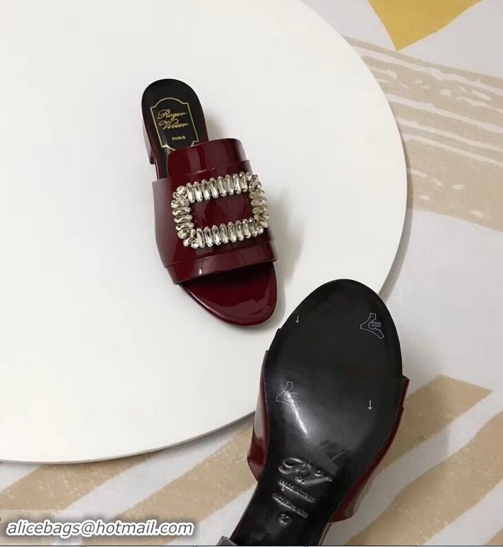 Low Price Roger Vivier Heel 3.5cm Rabat Strass Buckle Mules Patent Leather R9528 Burgundy