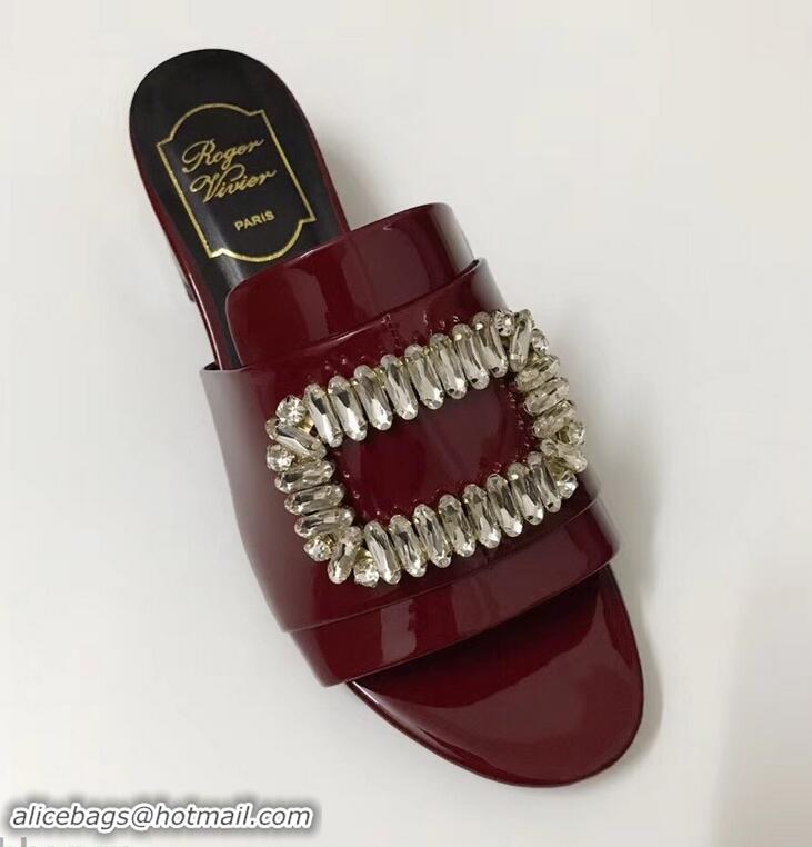 Low Price Roger Vivier Heel 3.5cm Rabat Strass Buckle Mules Patent Leather R9528 Burgundy