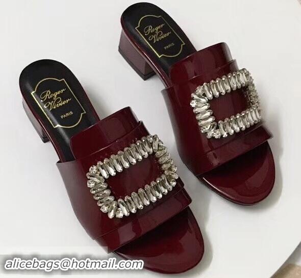 Low Price Roger Vivier Heel 3.5cm Rabat Strass Buckle Mules Patent Leather R9528 Burgundy