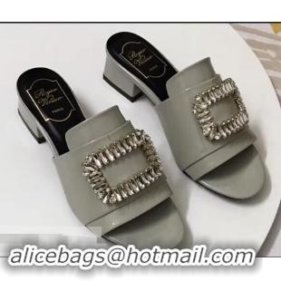 Buy Imitation Roger Vivier Heel 3.5cm Rabat Strass Buckle Mules Patent Leather R9528 Gray