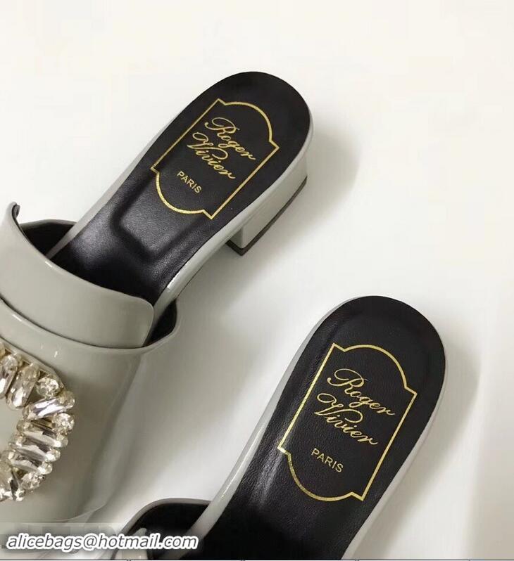 Buy Imitation Roger Vivier Heel 3.5cm Rabat Strass Buckle Mules Patent Leather R9528 Gray