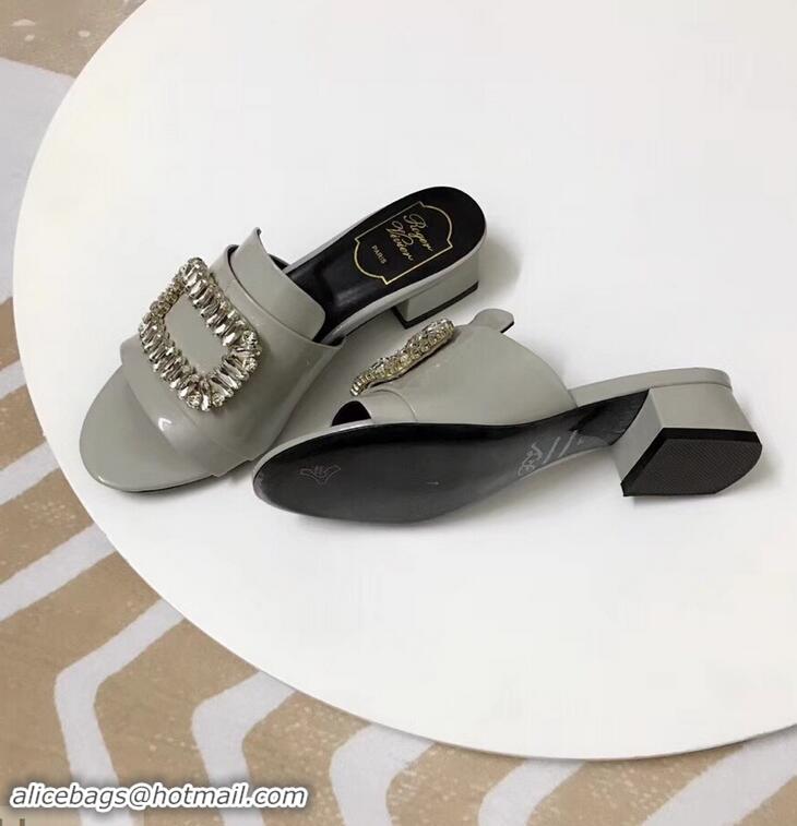 Buy Imitation Roger Vivier Heel 3.5cm Rabat Strass Buckle Mules Patent Leather R9528 Gray