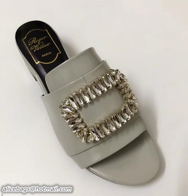 Buy Imitation Roger Vivier Heel 3.5cm Rabat Strass Buckle Mules Patent Leather R9528 Gray