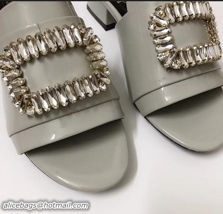 Buy Imitation Roger Vivier Heel 3.5cm Rabat Strass Buckle Mules Patent Leather R9528 Gray