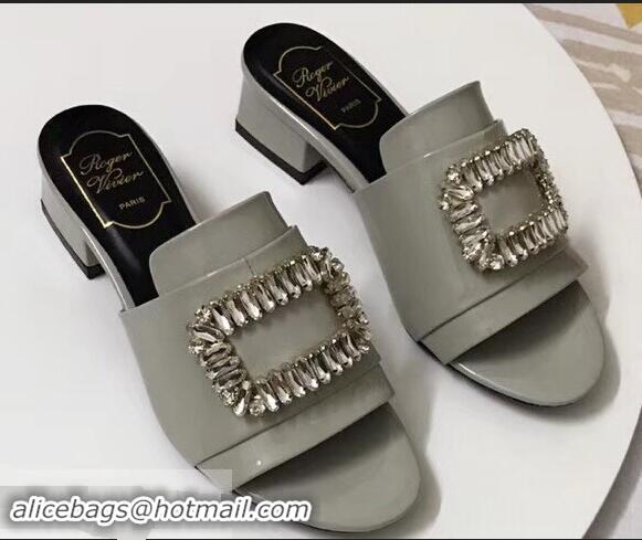 Buy Imitation Roger Vivier Heel 3.5cm Rabat Strass Buckle Mules Patent Leather R9528 Gray