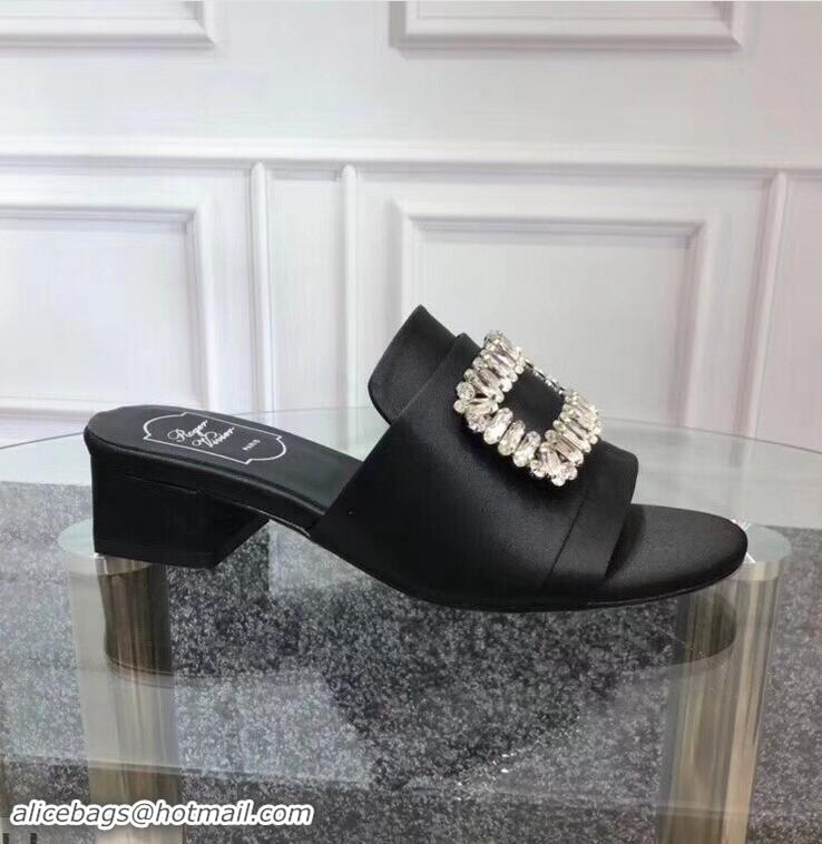 Shop Cheap Roger Vivier Heel 3.5cm Rabat Strass Buckle Mules R9532 Satin Black