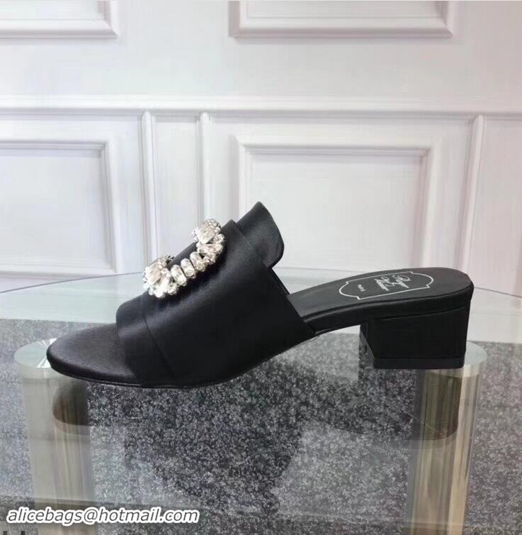 Shop Cheap Roger Vivier Heel 3.5cm Rabat Strass Buckle Mules R9532 Satin Black