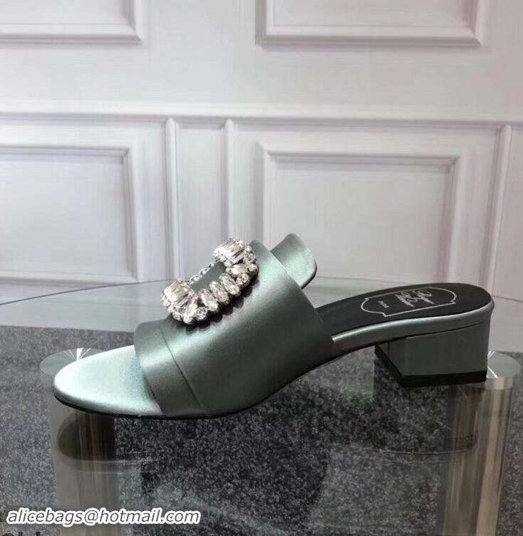 Hot Sell Roger Vivier Heel 3.5cm Rabat Strass Buckle Mules R9532 Pale Green