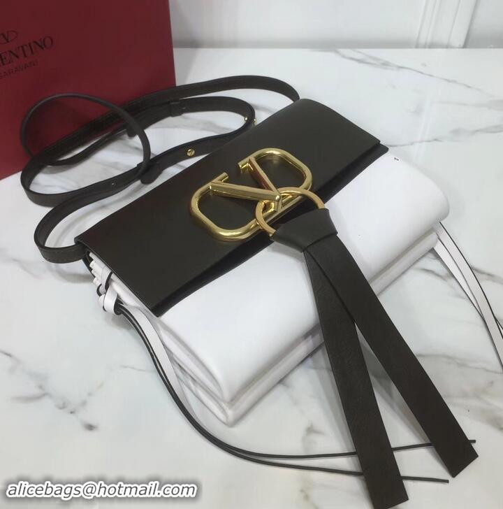 Fashion Valentino Smooth Calfskin Small VRing Crossbody Bag 181688 Black/White 2019