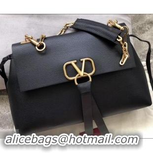 Charming Valentino Medium VRING Grainy Calfskin Chain Shoulder Bag 181695 Black 2019