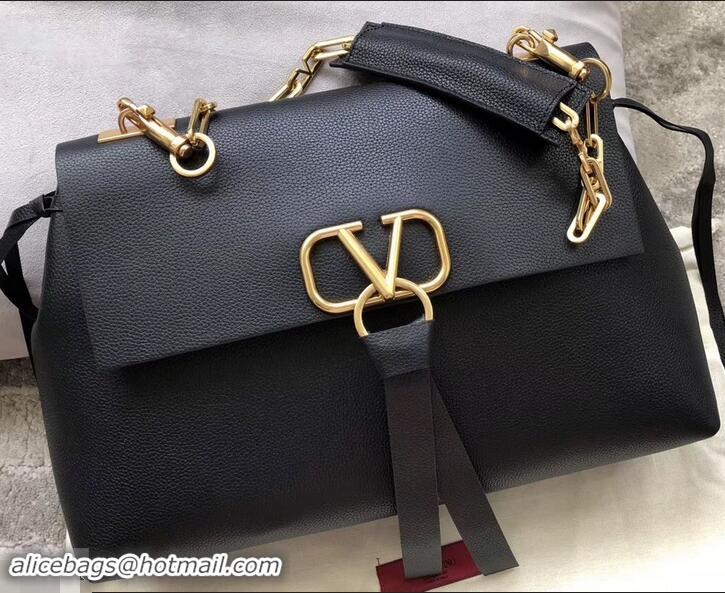 Charming Valentino Medium VRING Grainy Calfskin Chain Shoulder Bag 181695 Black 2019