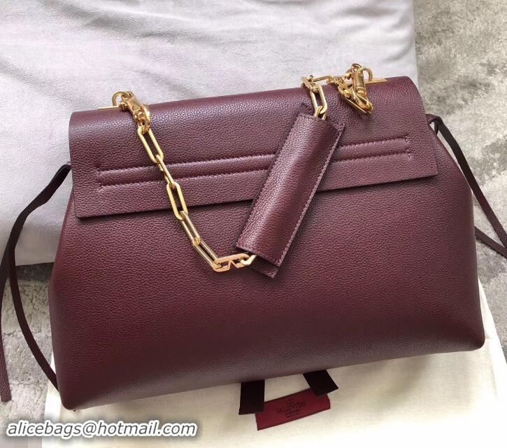 Enough Valentino Medium VRING Grainy Calfskin Chain Shoulder Bag 181695 Burgundy 2019