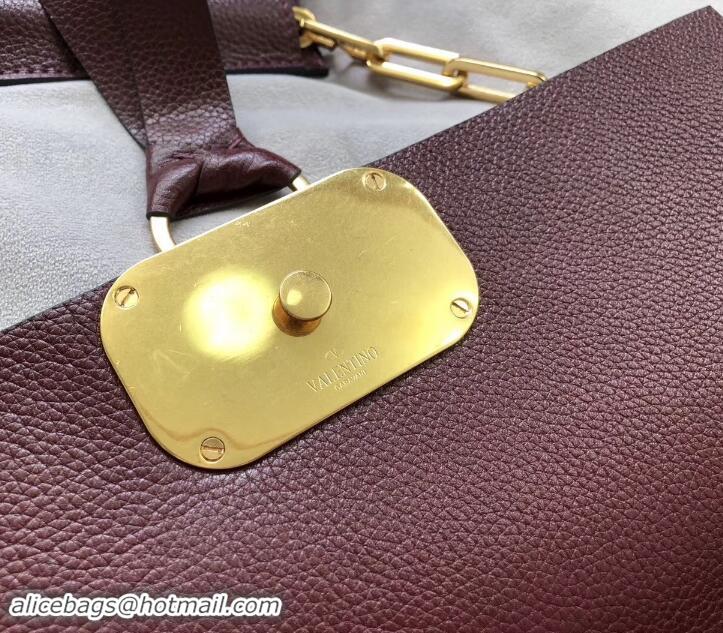 Enough Valentino Medium VRING Grainy Calfskin Chain Shoulder Bag 181695 Burgundy 2019