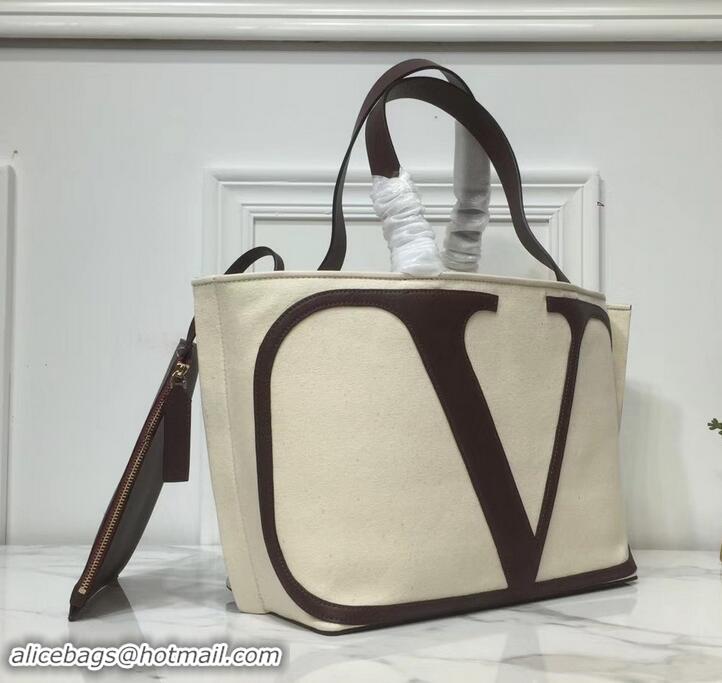 Best Quality Valentino Canvas VLOGO Escape Shopper Tote Bag 181628 Creamy/Burgundy 2019