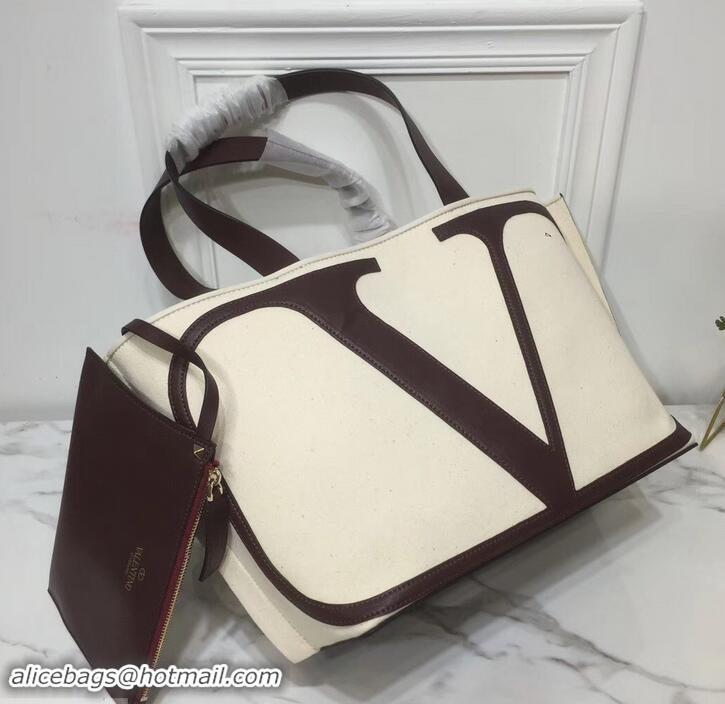 Best Quality Valentino Canvas VLOGO Escape Shopper Tote Bag 181628 Creamy/Burgundy 2019