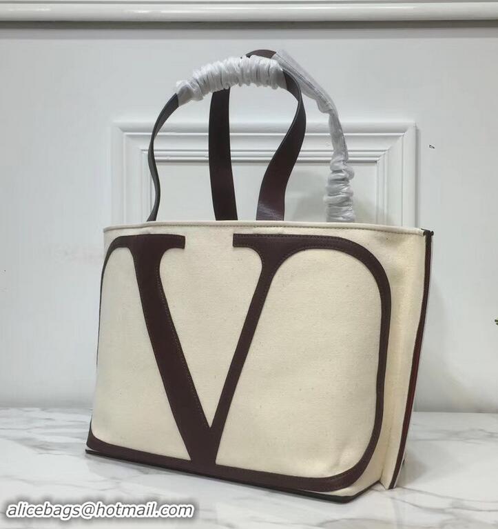 Best Quality Valentino Canvas VLOGO Escape Shopper Tote Bag 181628 Creamy/Burgundy 2019