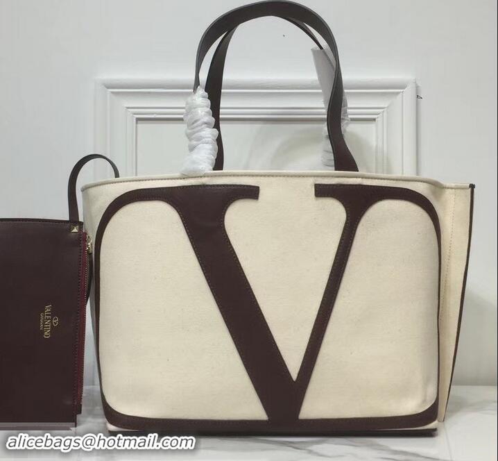 Best Quality Valentino Canvas VLOGO Escape Shopper Tote Bag 181628 Creamy/Burgundy 2019