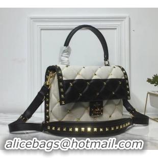 Popular Style Valentino Candystud Medium Top Handle Bag 0055 Canvas White/Leather Black 2019