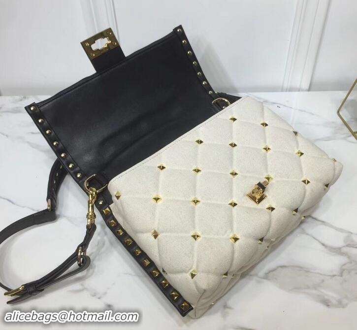 Popular Style Valentino Candystud Medium Top Handle Bag 0055 Canvas White/Leather Black 2019