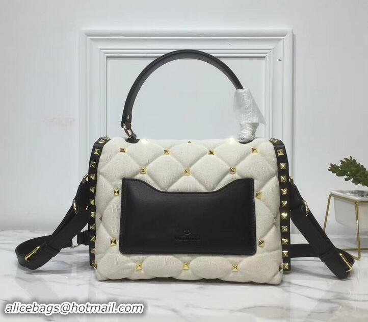 Popular Style Valentino Candystud Medium Top Handle Bag 0055 Canvas White/Leather Black 2019