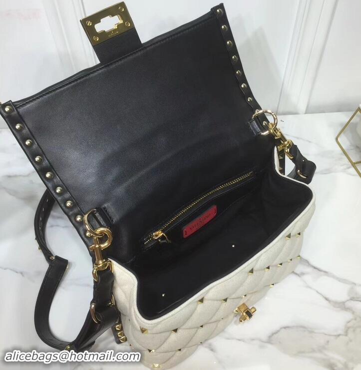 Popular Style Valentino Candystud Medium Top Handle Bag 0055 Canvas White/Leather Black 2019