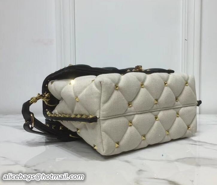 Popular Style Valentino Candystud Medium Top Handle Bag 0055 Canvas White/Leather Black 2019