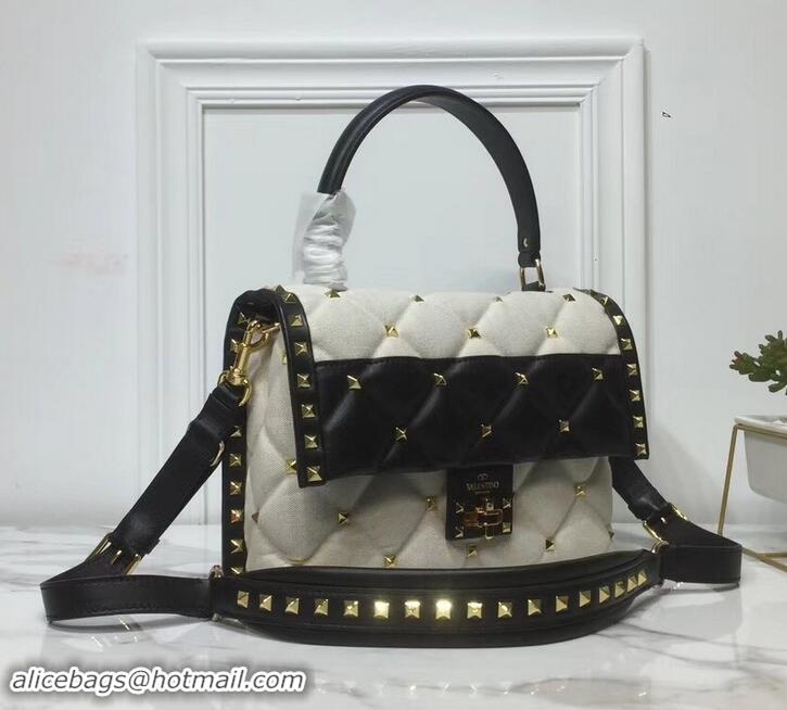 Popular Style Valentino Candystud Medium Top Handle Bag 0055 Canvas White/Leather Black 2019