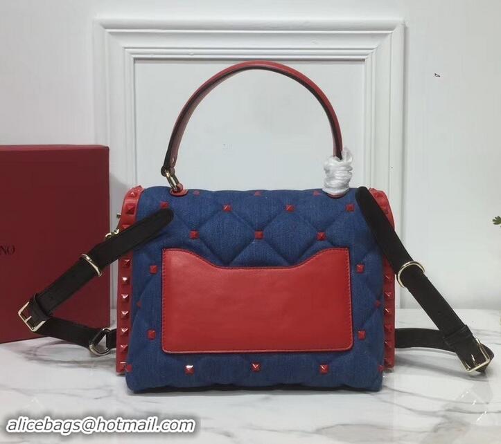 Cheap Valentino Candystud Medium Top Handle Bag 0055 Denim Blue/Leather Red 2019