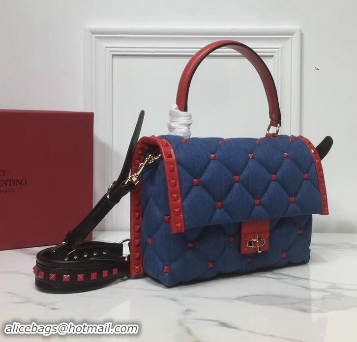 Cheap Valentino Candystud Medium Top Handle Bag 0055 Denim Blue/Leather Red 2019