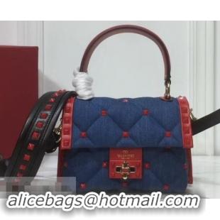 Shop Duplicate Valentino Candystud Mini Top Handle Bag 0033 Denim Blue/Leather Red 2019