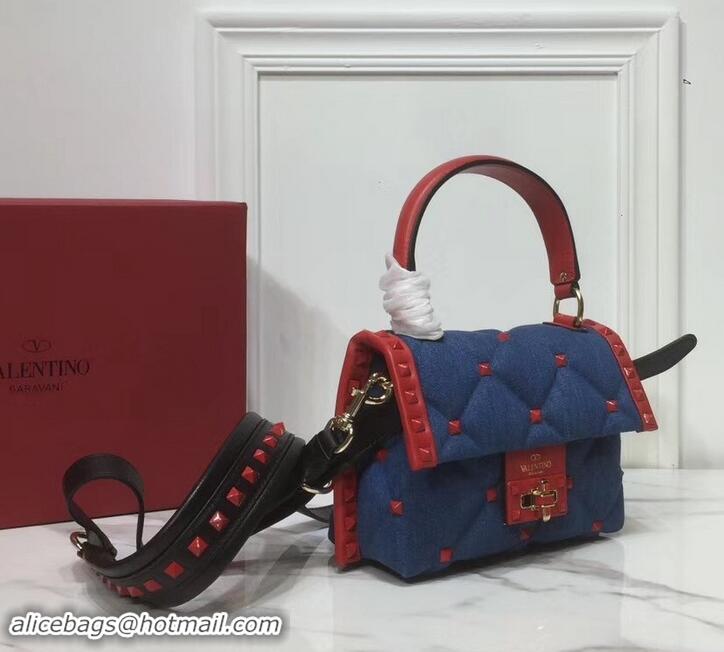 Shop Duplicate Valentino Candystud Mini Top Handle Bag 0033 Denim Blue/Leather Red 2019