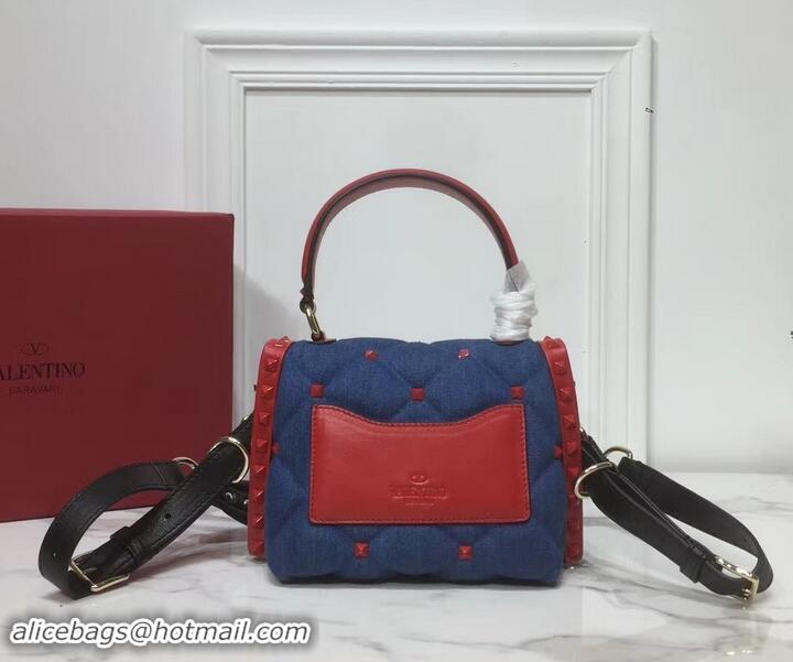 Shop Duplicate Valentino Candystud Mini Top Handle Bag 0033 Denim Blue/Leather Red 2019