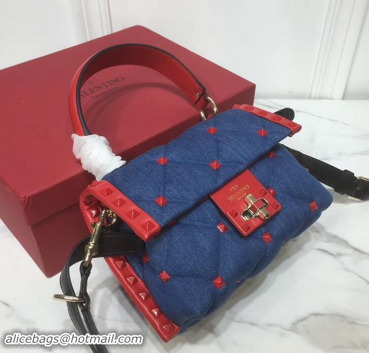 Shop Duplicate Valentino Candystud Mini Top Handle Bag 0033 Denim Blue/Leather Red 2019