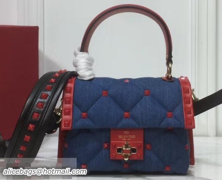 Shop Duplicate Valentino Candystud Mini Top Handle Bag 0033 Denim Blue/Leather Red 2019