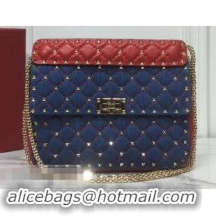 Best Price Valentino Medium Rockstud Spike Chain Bag 0122 Denim Blue/Leather Red 2019