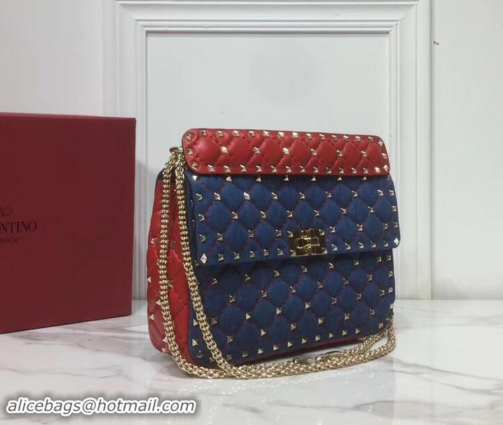 Best Price Valentino Medium Rockstud Spike Chain Bag 0122 Denim Blue/Leather Red 2019