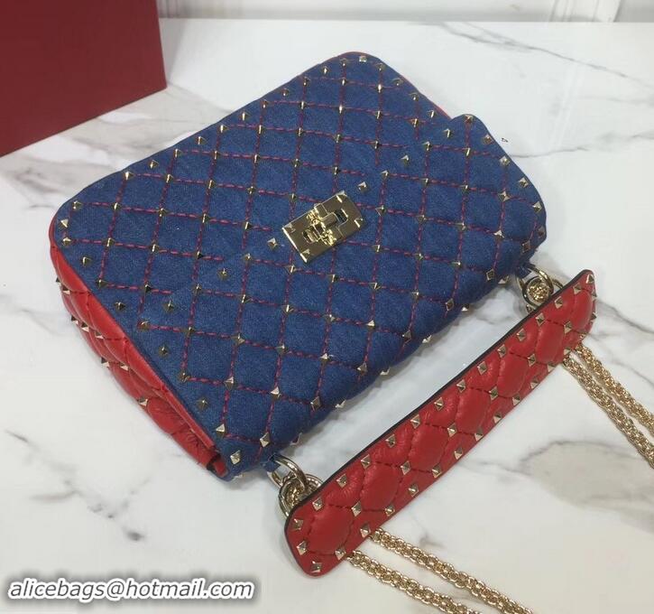 Best Price Valentino Medium Rockstud Spike Chain Bag 0122 Denim Blue/Leather Red 2019